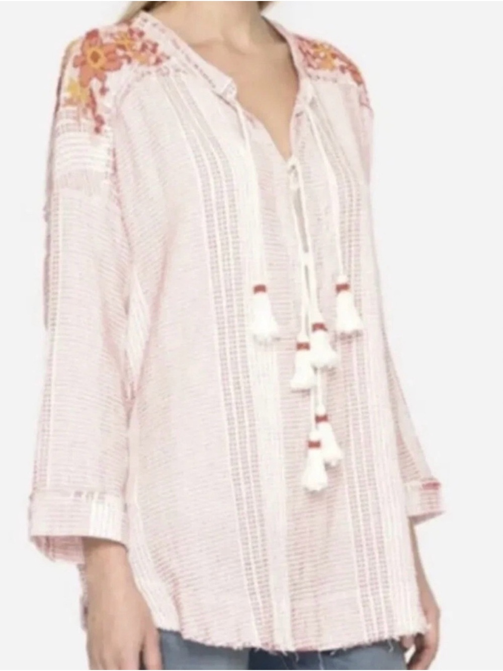 Johnny Was White Striped Tunic Cover-Up with Peach and Gold Embroidery oversized